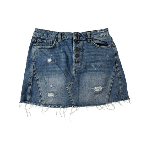 Free People We The Free Button Front Denim Mini Skirt Blue Sz 29 Distressed Boho - Picture 2 of 7